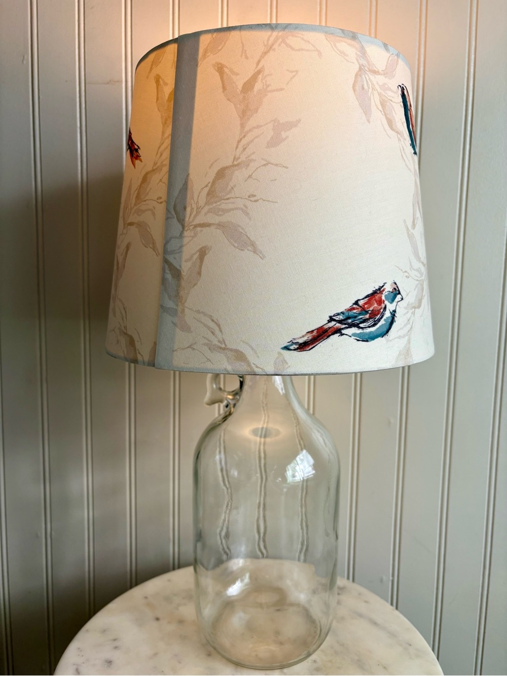 Glass Bottle Jug Table Lamp Birds & Leaves Drum Shade Upcycled Country Farmhouse - Picture 7 of 14
